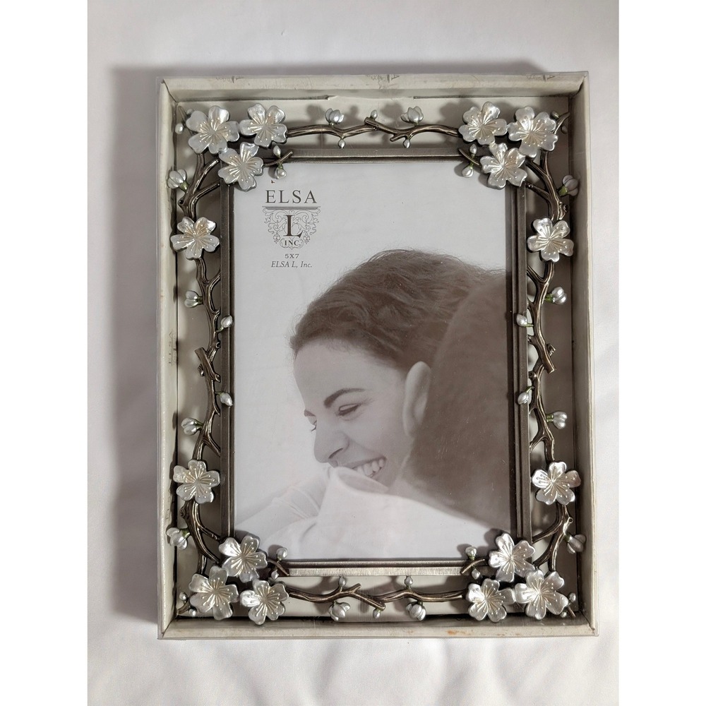 Elsa L Blossom Border 5x7 Picture Frame Silver Tone Floral Branch New In Box